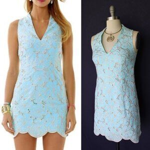 Lilly Pulitzer Estella shift blue metallic gold embroidered Sandollar eyelet 2